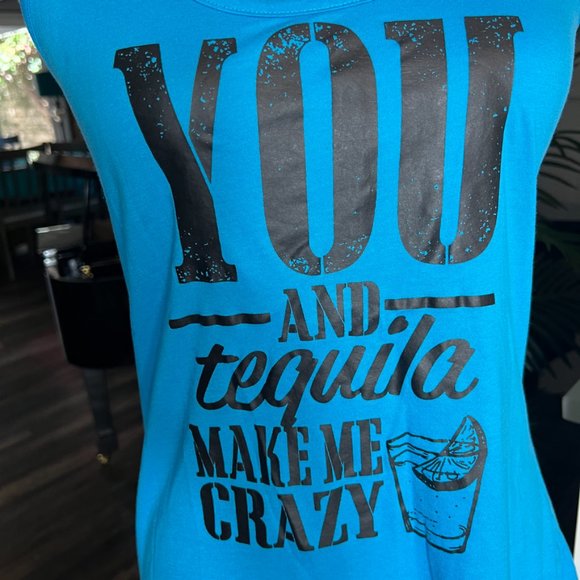 YOU AND TEQUILA MAKE ME CRAZY blue tank top Size Small EUC - Picture 2 of 6
